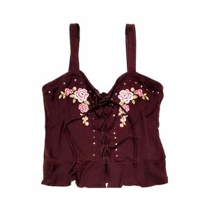 Aeropostale Vintage Unique Floral Embroidered Corset Burgundy Crop Tank Top XL